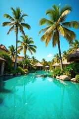 Palm trees sway gently in turquoise pond waters under clear blue sky, water, reflection