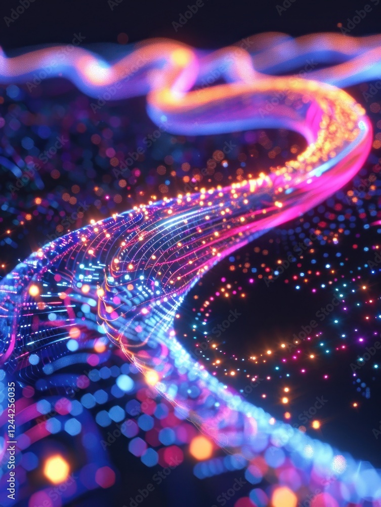 Poster energy pulses in a digital stream spiral into a vortex, revealing vibrant light trails and soft diff