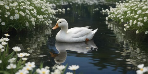 Fototapeta premium Peaceful scene of a white duck paddling in a glassy lake surrounded by a carpet of white flowers in full bloom, reflection, beauty, serenity, scenic
