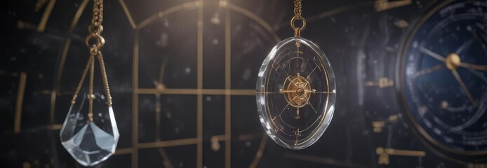 pendulum hanging from a crystal pendant in front of an astrological chart , mystical, crystal pendant