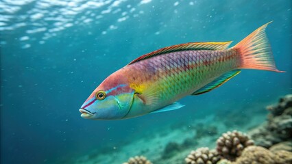 Naklejka premium Pictichromis paccagnellorum swimming in open water, Yellow and Red Stripes, Pictichromis paccagnelorum