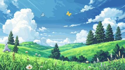 Obraz premium Green Hills with Butterflies and Wildflowers