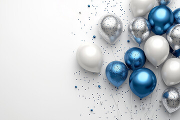 happy birthday horizontal illustration with 3d realistic silver and blue air balloon on white background