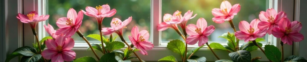 Obraz premium Pink polkadot flowers blooming on the windowsill, floral, garden, window sill
