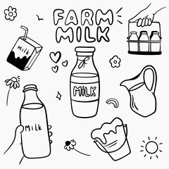 Dairy farm, production, in doodle style: hand with a box of milk, hand with a bottle of milk, character, lettering, glass of milk, carafe of milk, bucket milk