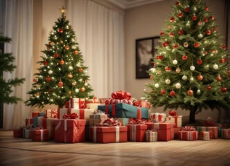 Presents and boxes stacked under the Christmas tree, gifts, festive decor
