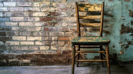 Antique Wooden Chair Against a Weathered Brick Wall: A Timeless Piece of Rustic Charm