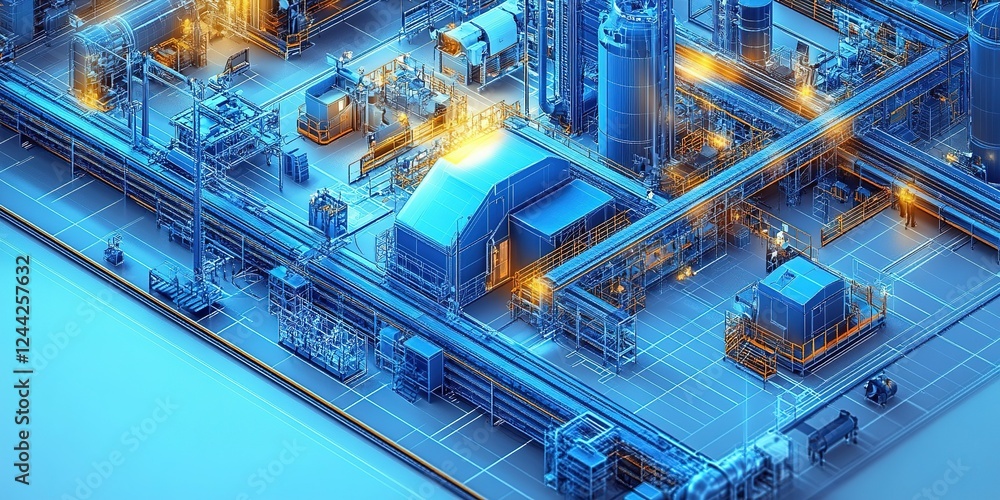 Poster industrial complex showcases advanced machinery and intricate pipelines in a modern setting