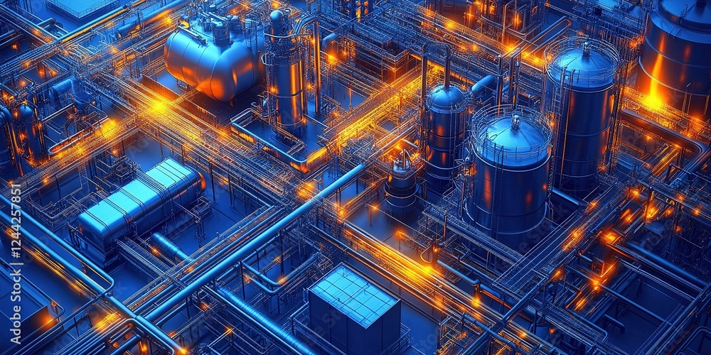 Poster industrial complex with illuminated pipelines and machinery showcasing modern engineering in a night