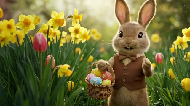Cute Easter bunny character holding colorful easter eggs on wicker baskets. Green colorful forest as background