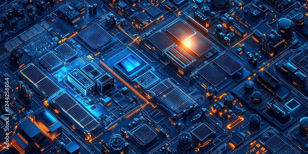 Poster complex electronic circuit board with glowing elements and intricate pathways in a futuristic settin