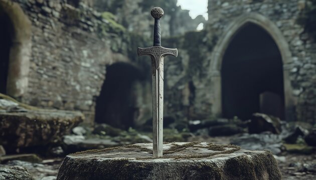 The Legendary Excalibur Sword In The Ancient Ured Stone: A Famous British Legend Of King Arthur And Camelot'S Mythical Adventures.