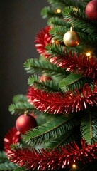 Red and gold tinsel wrapped around tree trunk, patterned, festive, Christmas tree