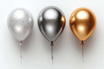 happy birthday horizontal illustration with 3d realistic golden and silver air balloon on white background
