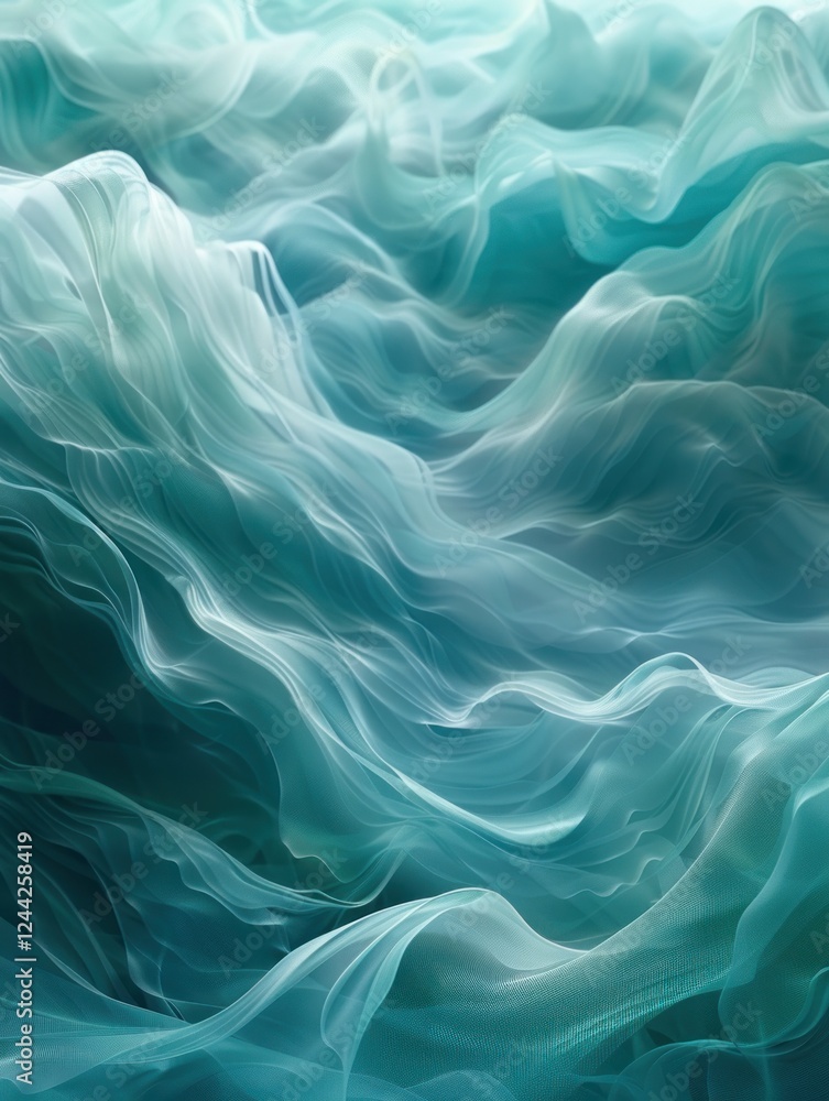 Poster turquoise and white blend in a calming ocean wave pattern, soothing with smooth forms under gentle l