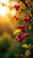 Obraz premium Red berries on Cotoneaster branches and leaves in a warm sunlight scene, sun, branches, shrub