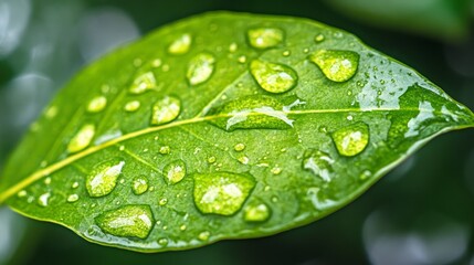 Close-up of Fresh Green Leaf with Water Drops on Surface
