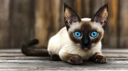 Siamese cat with blue eyes lying on wooden floor