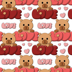 Seamless pattern with Cute Capybara with the word Love