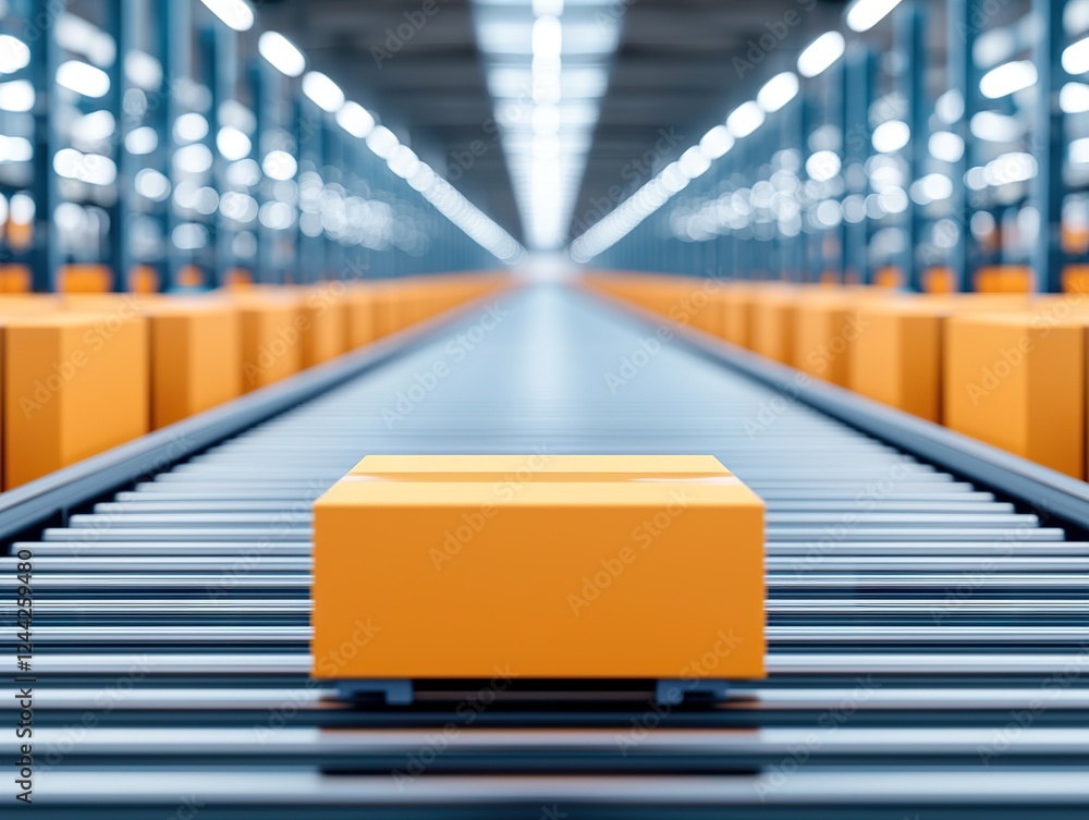 Poster automated package sorting process warehouse digital image industrial environment close-up view effic