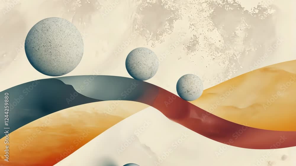 Poster flowing waves and balancing spheres in abstract dynamic motion