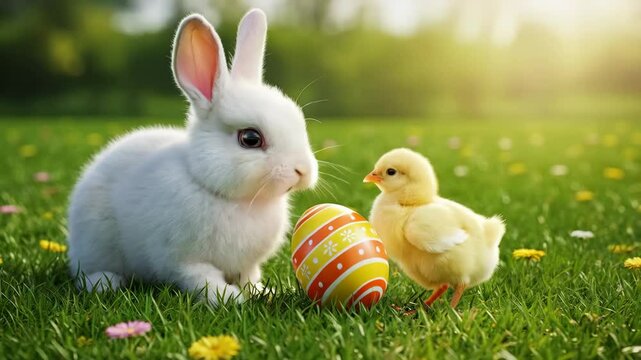 Cute white bunny interacting with little chick and colorful Easter egg in the grass. Easter concept