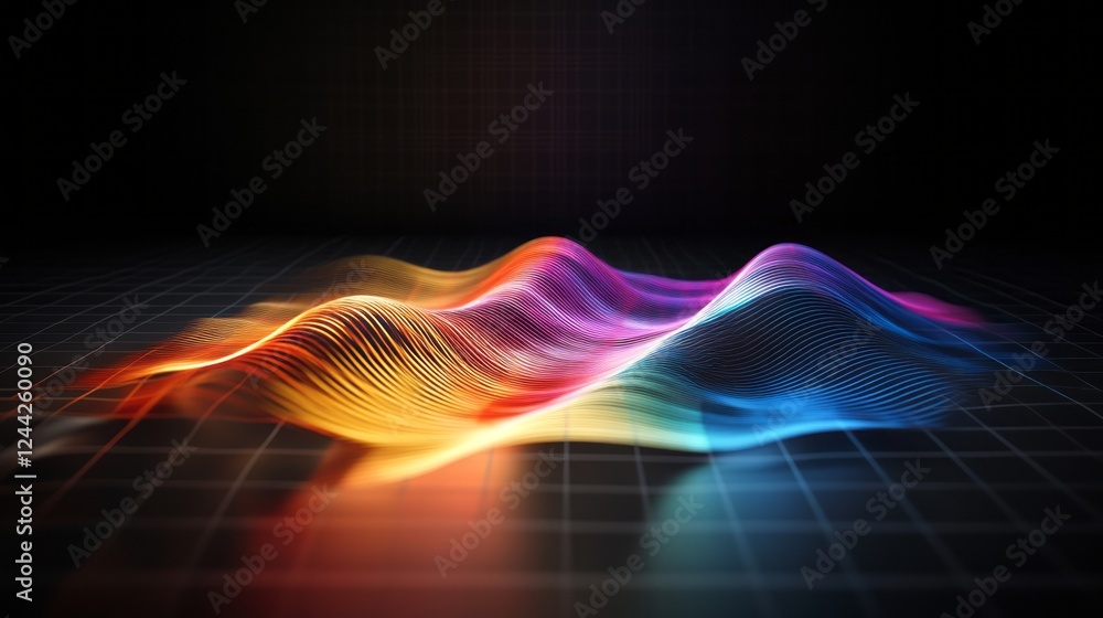 Poster a digital wave with colorful spectrum lines on a black background, symbolizing the fluidity of data 