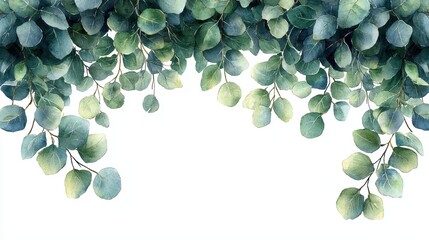 A watercolor illustration of green leaves on a white background.