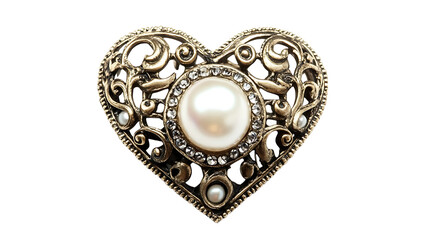 A heart-shaped brooch with a pearl center, isolated on white background in HD