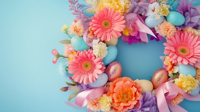 colored wreath featuring oversized flowers, ribbons, and glittering Easter eggs