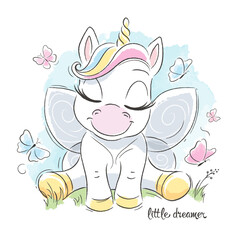 Fashion illustration, drawing in modern style for clothes. Cute unicorn.