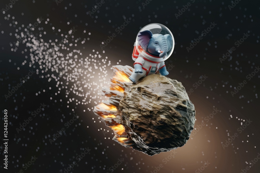 Poster an elephant astronaut sits atop a flaming asteroid in space, amidst a starry backdrop.