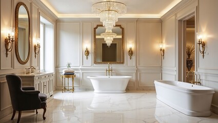 A bathroom featuring a freestanding bathtub, marble surfaces, and gold fixtures, exuding luxury and elegance