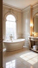 A bathroom featuring a freestanding bathtub, marble surfaces, and gold fixtures, exuding luxury and elegance