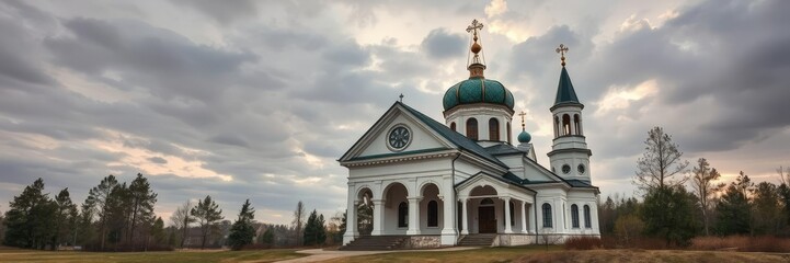Fototapeta premium Serene Holy Dormition Monastery Krasnoyarsk HDR, mountains, spirituality