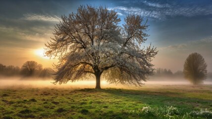 Fototapeta premium Morning in spring: fog over a field, first rays of the sun, blossoming trees