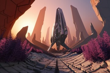 Naklejka premium Futuristic metallic structure stands in an alien, sunset-lit canyon landscape.