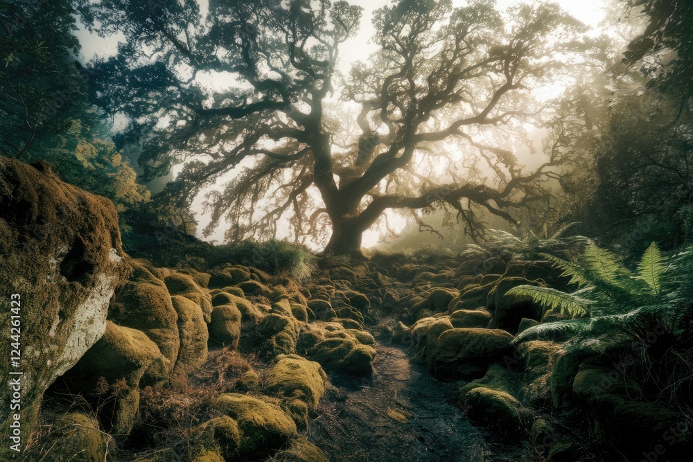 Aufkleber Ancient oak tree dominates a misty forest path strewn with moss-covered rocks, creating an ethereal scene.