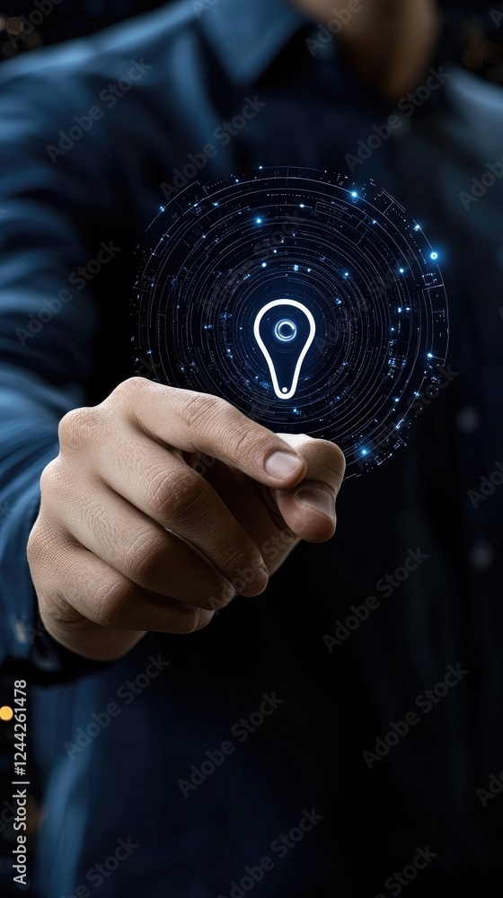 Poster a businessman touches a digital location icon on a virtual screen, showcasing a global network with 