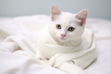 Obraz premium Cat with Bandage on Paw. Sick Cat Resting on Bed in White Background