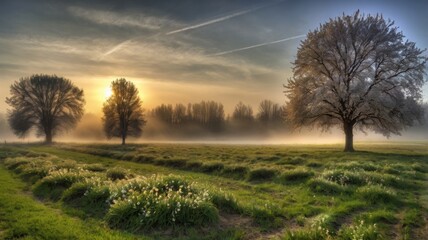 Fototapeta premium Morning in spring: fog over a field, first rays of the sun, blossoming trees