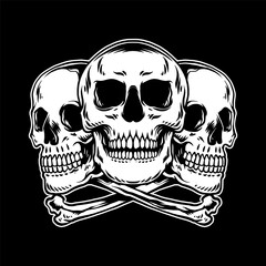 Vintage skull vector art illustration, Isolated on black background.