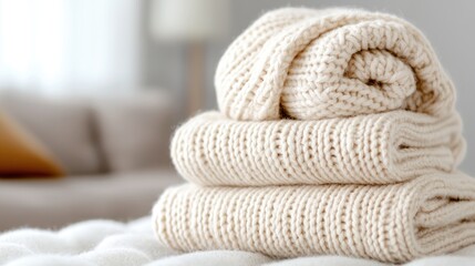 Cozy cream knit sweaters stacked on bed, blurred living room background