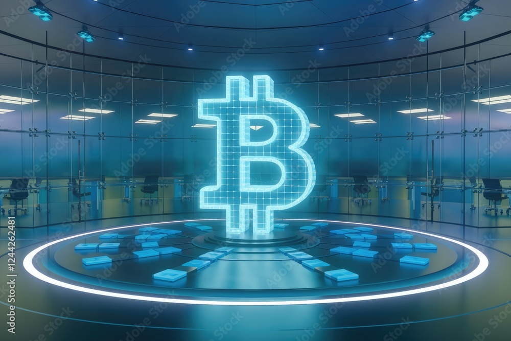 Aufkleber A futuristic digital Bitcoin symbol glows in a modern office setting, representing cryptocurrency and blockchain technology.