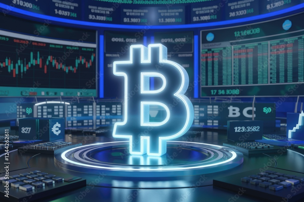 Poster glowing bitcoin symbol on a futuristic trading floor displaying cryptocurrency market data.