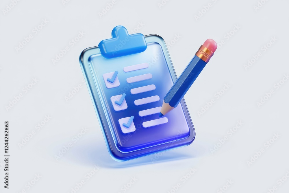 Poster A 3D rendering of a checklist on a clipboard with a pencil, signifying task management and organization.
