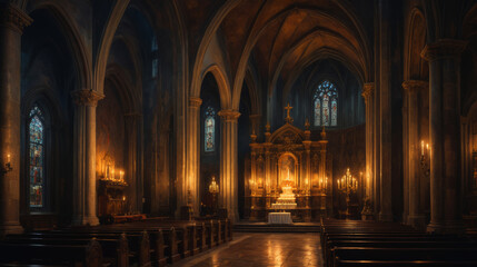 Fototapeta premium Elegant church interior with altar and candlelight for celebrations