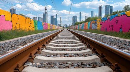 Vibrant urban landscape with graffiti along railway tracks in a bustling city