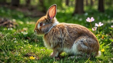 Fototapeta premium Cute rabbits in a spring forest, flowers and green grass around