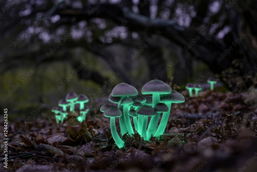 Poster glowing mushrooms illuminate a dark forest floor, creating an enchanting and mystical scene.